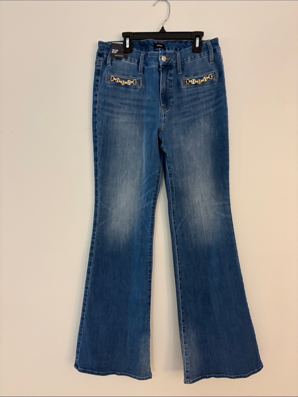 Women’s Express Jeans Blue Flared Jeans with Gold equestrian style Accent -